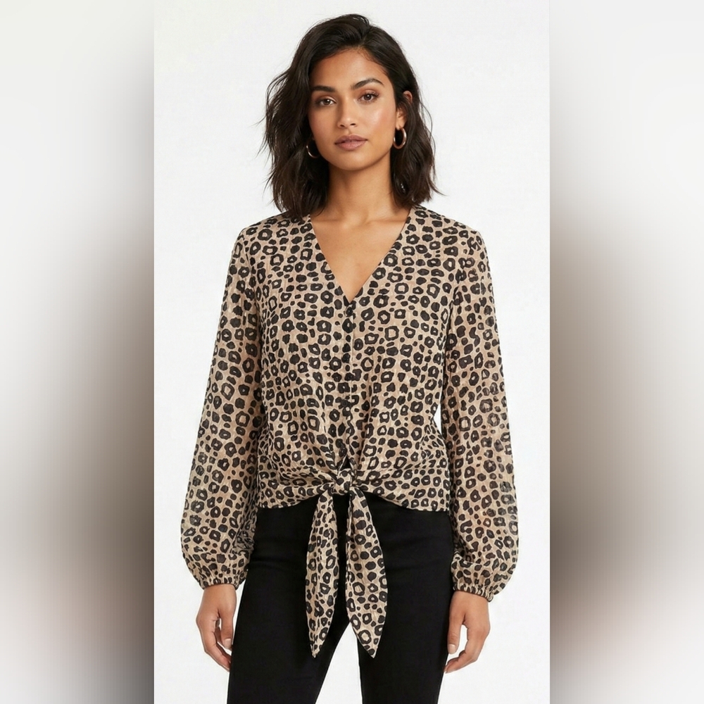 Joseph Ribkoff Beige and Black‎ Leopard Tie-Front V-Neck Blouse Size 4